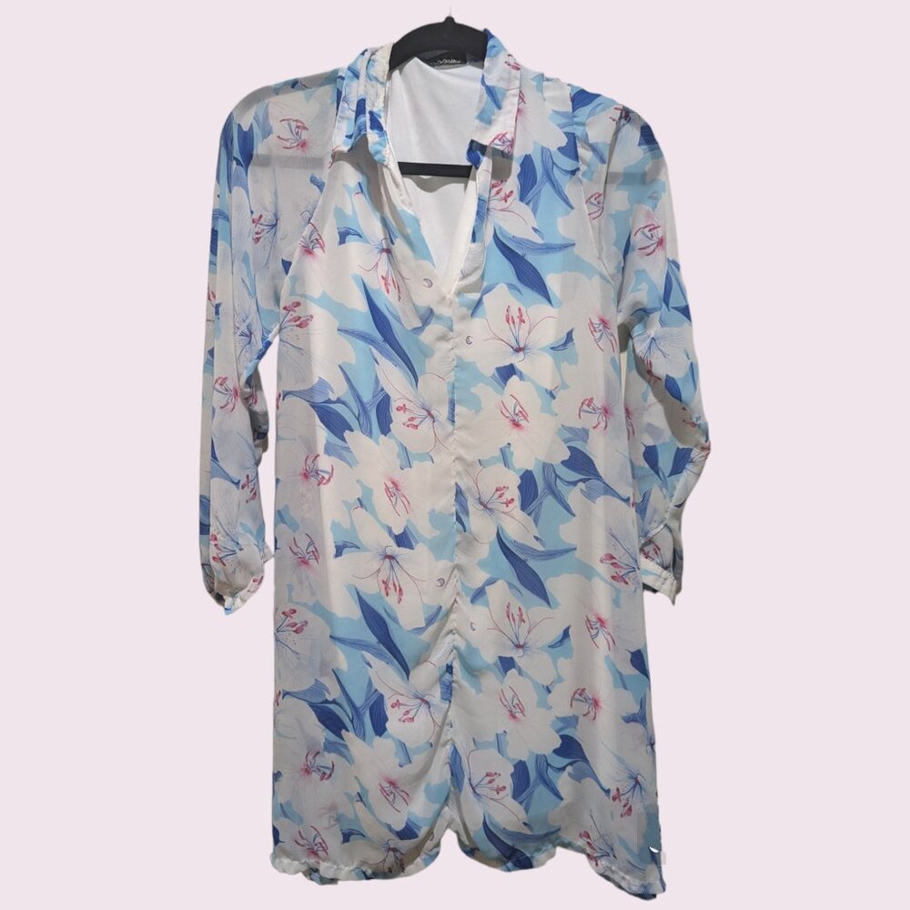Tropical Floral Long Sleeve Shirt Collared Flowy Dress Small